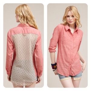 Free People Women Size Small Shirt Crochet Back Slubby Chambray Button Front Red